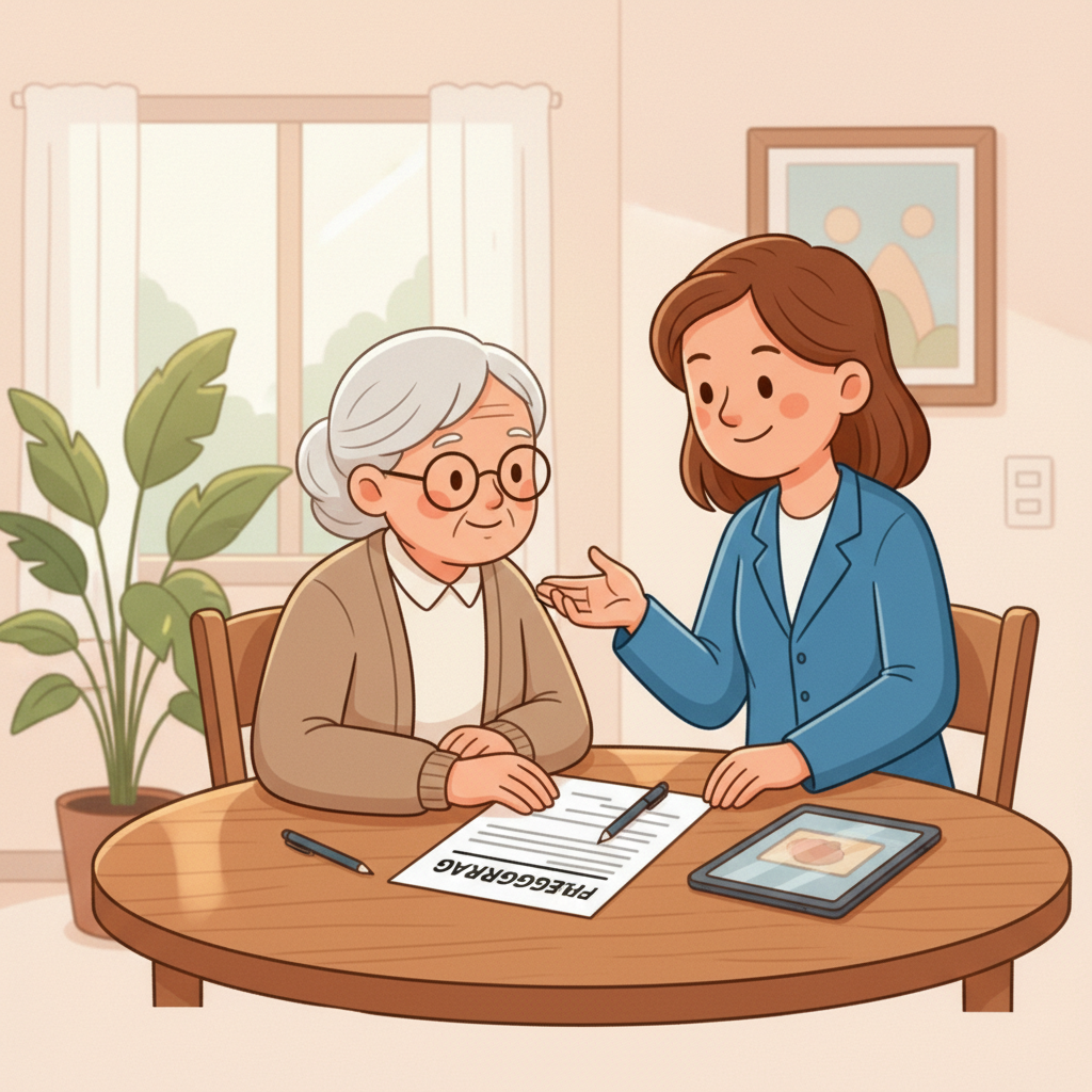 Betreuerin nimmt sich Zeit für ein Gespräch mit Seniorin