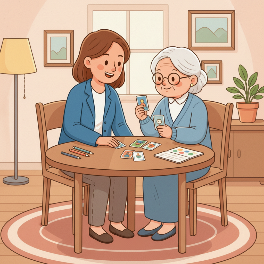 Feste Bezugsperson begleitet Seniorin im Wohnzimmer